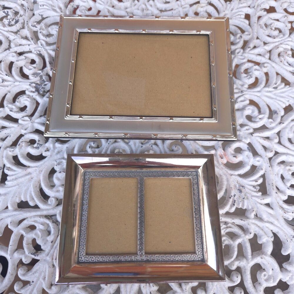 Green Tree Gallery Silver Photo Frames Set 5x7 & Double 2x3 Greek Key